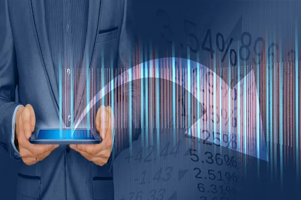 A person in a suit holding a tablet displaying upward trending financial data, overlaid with stock market figures and a fluctuating arrow, illustrating potential growth found through MyFastBroker.com.