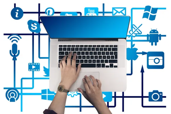 Laptop surrounded by blue tech icons representing various apps on platform on abithelp.com