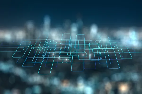 Abstract network of glowing blue lines forming squares over a blurred city skyline at night, symbolizing data connectivity and cloud infrastructure.