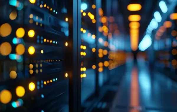Secure Data Servers for Cloud Storage A long hallway of glowing server racks in a data center, symbolizing secure cloud storage infrastructure.