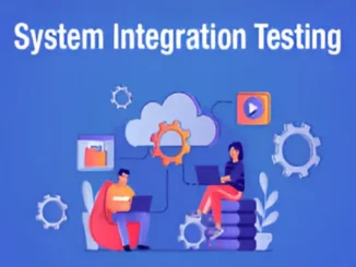 Illustration showing two people working on laptops, surrounded by various tech-related icons like gears, a cloud, and a play button, with the text "System Integration Testing" prominently displayed above.