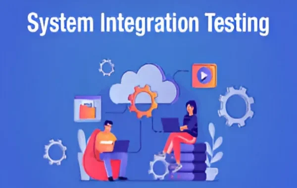 How System Integration Testing Tools Transform Software Quality Illustration showing two people working on laptops, surrounded by various tech-related icons like gears, a cloud, and a play button, with the text "System Integration Testing" prominently displayed above.