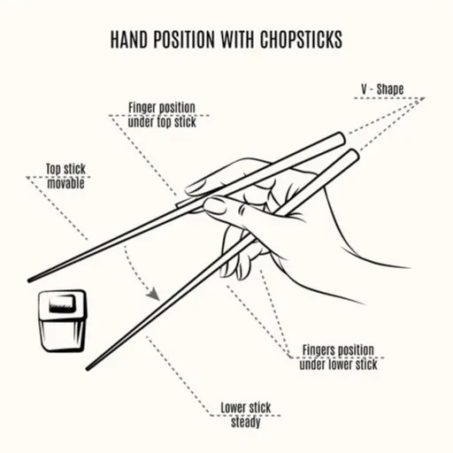 Illustrated diagram showing a hand correctly holding chopsticks, with labels pointing to the movable top stick, steady lower stick, finger placements, and the 'V-shape' formed by the sticks.