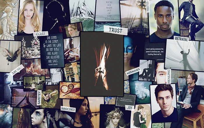 A dark, dramatic digital collage featuring numerous overlapping images and text snippets, centered around themes like "TRUST," "BETRAYAL," "LOSS," "ABUSE," "SAFETY," "INNOCENCE," "MERMAIDS," "HEALING," and "JOY." The individual photos include portraits of diverse individuals, historical ship imagery, ballet pointe shoes, and evocative scenes, collectively representing "Your Topics | Multiple Stories" of complex human experiences.