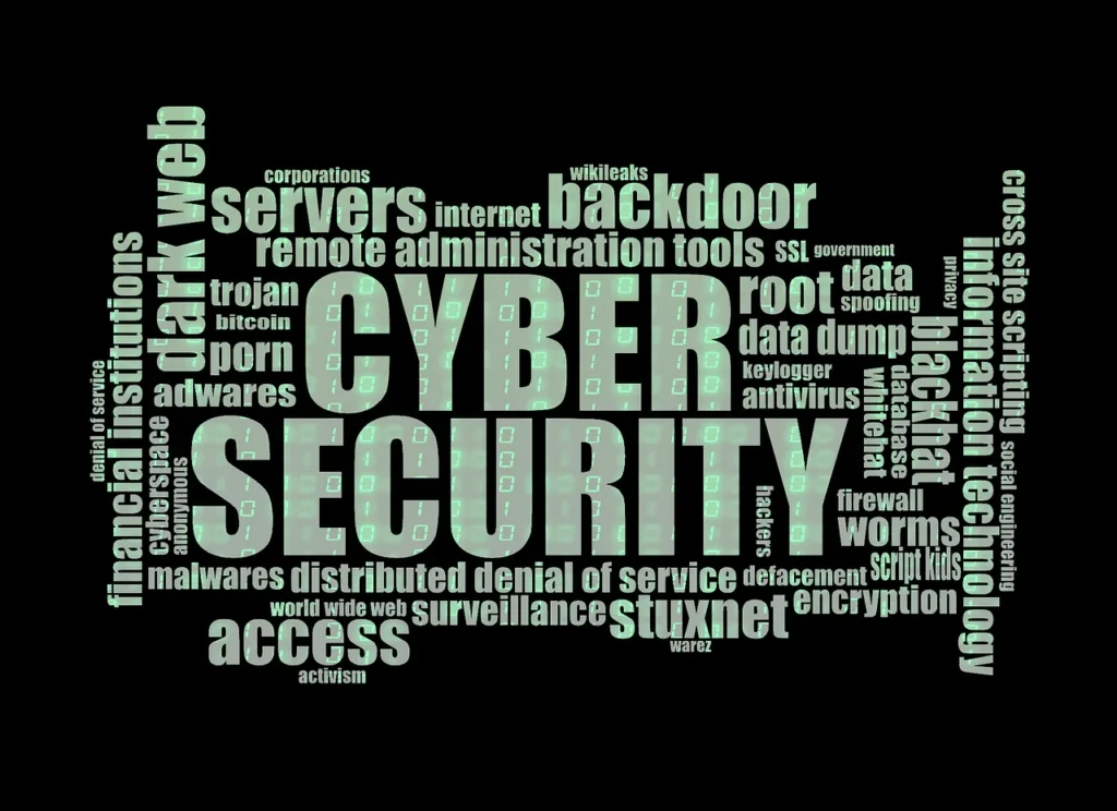 A word cloud with "CYBER SECURITY" prominently in the center, surrounded by terms like "encryption," "data," "access," "servers," "information technology," and "dark web," representing the complexities of safe data sharing.