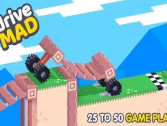 The "Drive Mad" game logo in the top left, with a pixelated brown vehicle precariously balanced on a collapsing wooden ramp, set against a blue sky with blocky clouds, illustrating the game's challenging physics. Text at the bottom right reads "25 TO 50 GAME PLAY!".
