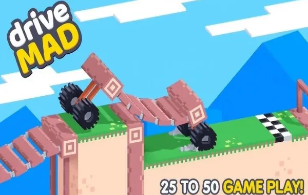 The Physics of Failure: A Visual Introduction to "Drive Mad" The "Drive Mad" game logo in the top left, with a pixelated brown vehicle precariously balanced on a collapsing wooden ramp, set against a blue sky with blocky clouds, illustrating the game's challenging physics. Text at the bottom right reads "25 TO 50 GAME PLAY!".
