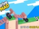 The "Drive Mad" game logo in the top left, with a pixelated brown vehicle precariously balanced on a collapsing wooden ramp, set against a blue sky with blocky clouds, illustrating the game's challenging physics. Text at the bottom right reads "25 TO 50 GAME PLAY!".