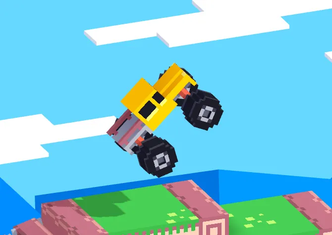 A pixelated yellow monster truck from the game "Drive Mad" is mid-air above a green and brown obstacle, with a blocky blue sky and white clouds in the background, illustrating the game's challenging jumps.