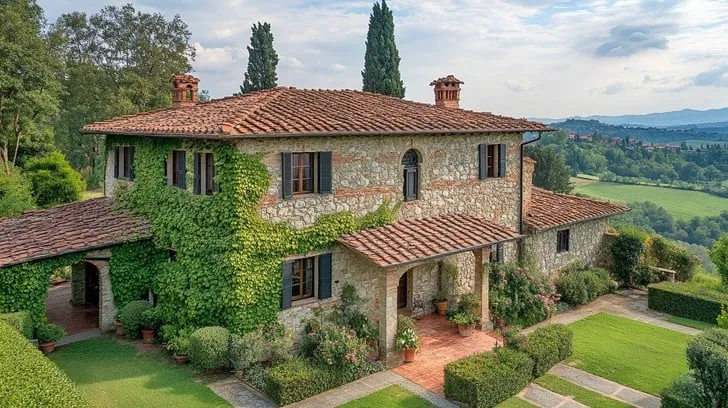 An elegant Italian country villa with a stone exterior and terracotta roof, partially covered in lush green ivy. The property features well-maintained gardens and is set against a backdrop of rolling hills and trees under a partly cloudy sky.