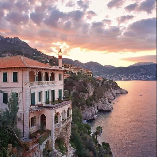A stunning Italian villa with a terracotta roof and arched windows sits perched on a rocky cliff overlooking the Mediterranean Sea at sunset. The sky is a dramatic blend of orange, pink, and purple hues, reflecting on the calm water. In the background, rolling hills covered in lush greenery extend along the coastline, dotted with other buildings.