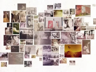 A digital collage of numerous old, faded photographs, primarily featuring young men on BMX bikes, with some images showing groups of friends, landscapes, and vintage advertisements, all arranged on a light-colored background.