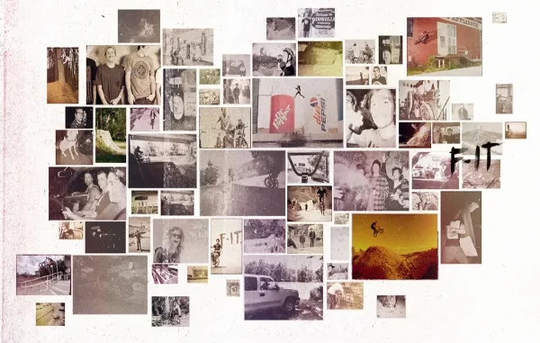 Multiple Stories in One Digital Space: A Photographic Collage A digital collage of numerous old, faded photographs, primarily featuring young men on BMX bikes, with some images showing groups of friends, landscapes, and vintage advertisements, all arranged on a light-colored background.