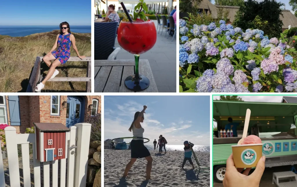 A six-panel collage showcasing a variety of summer scenes, including a woman sitting by the sea, a red cocktail on a table, a bush of blue and pink hydrangeas, a decorative mailbox shaped like a red house, people playing on a sandy beach at sunset, and a hand holding a scoop of pink ice cream from a food truck, illustrating "Your Topics | Multiple Stories" of a summer vacation.