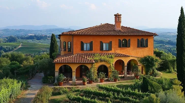 A beautiful Tuscan villa with warm orange walls and a terracotta roof, featuring an arched portico and dark green shutters. It is surrounded by lush green vineyards and rolling hills under a clear blue sky.