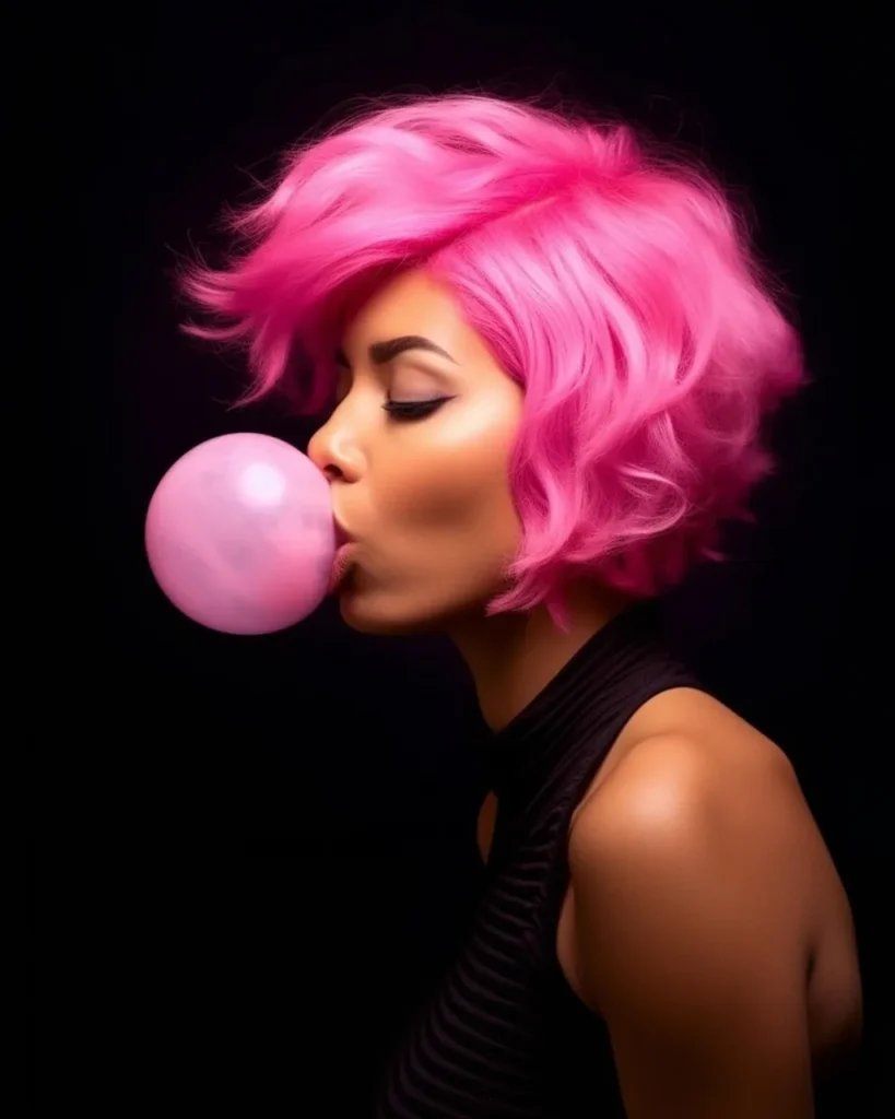A woman with vibrant pink hair in profile, blowing a large, light pink bubblegum bubble against a dark background, embodying the fun of chewing gum.