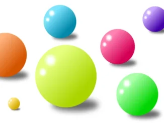 Various colorful, shiny spheres of different sizes, including green, pink, orange, blue, and purple, scattered on a white background, resembling bubblegum bubbles.