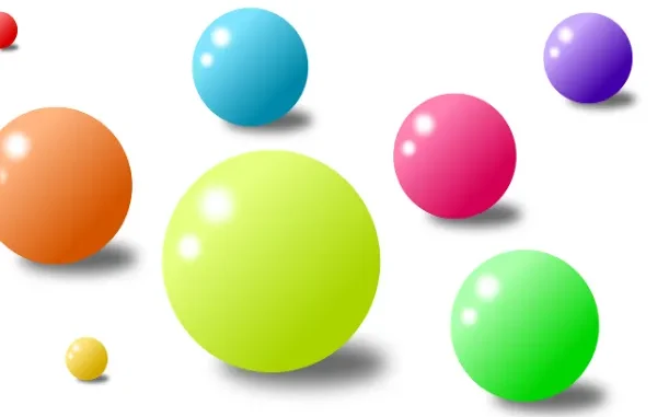 Various colorful, shiny spheres of different sizes, including green, pink, orange, blue, and purple, scattered on a white background, resembling bubblegum bubbles.