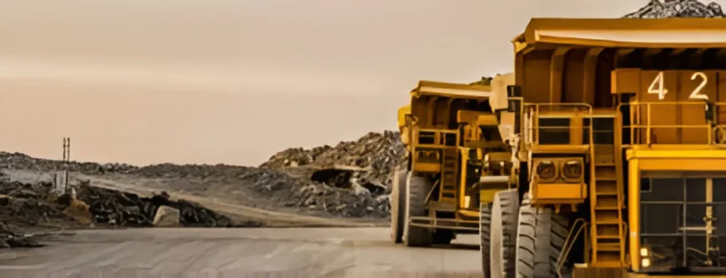 Row of massive yellow mining trucks.
