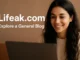 A smiling person looking at a laptop screen, with the words "Lifeak.com" and "Explore a General Blog" in white text overlaid on the image.