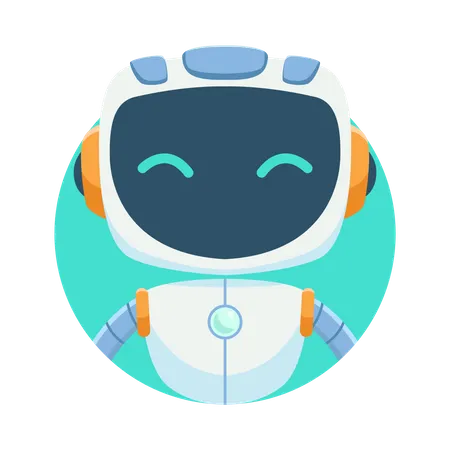 A friendly, cartoon-style illustration of a white robot face with a blue and orange headset, smiling happily inside a turquoise circle, representing a cheerful AI chatbot interface.