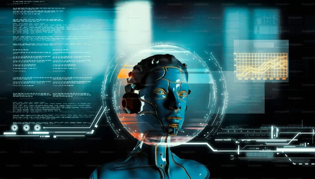 A dark, futuristic digital display with a glowing blue, cyborg-like head surrounded by a circular interface, circuit board patterns, lines of code, and data graphs, symbolizing advanced AI and data processing.