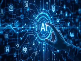 A futuristic, neon-lit office where developers work on computers, featuring a holographic blue robot figure in the center and a large screen displaying code, symbolizing the integration and development of AI technology like the ChatGPT API.