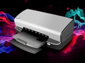 A sleek modern printer and fax machine illustration surrounded by vibrant blue and pink digital energy waves, representing cloud faxing.