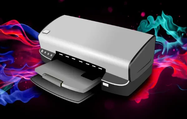 A sleek modern printer and fax machine illustration surrounded by vibrant blue and pink digital energy waves, representing cloud faxing.