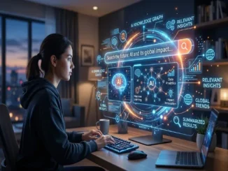 A woman sitting at a desk looking at a futuristic, glowing digital interface displaying an AI knowledge graph, search bar reading 'Search the future: AI and its global impact', and data analytics.