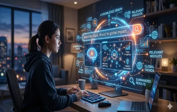A woman sitting at a desk looking at a futuristic, glowing digital interface displaying an AI knowledge graph, search bar reading 'Search the future: AI and its global impact', and data analytics.