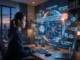 A woman sitting at a desk looking at a futuristic, glowing digital interface displaying an AI knowledge graph, search bar reading 'Search the future: AI and its global impact', and data analytics.