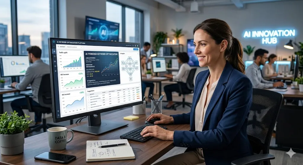 A smiling businesswoman in a modern office looking at an AI-powered keyword optimization dashboard on a desktop monitor, showcasing SEO charts, graphs, and performance metrics.