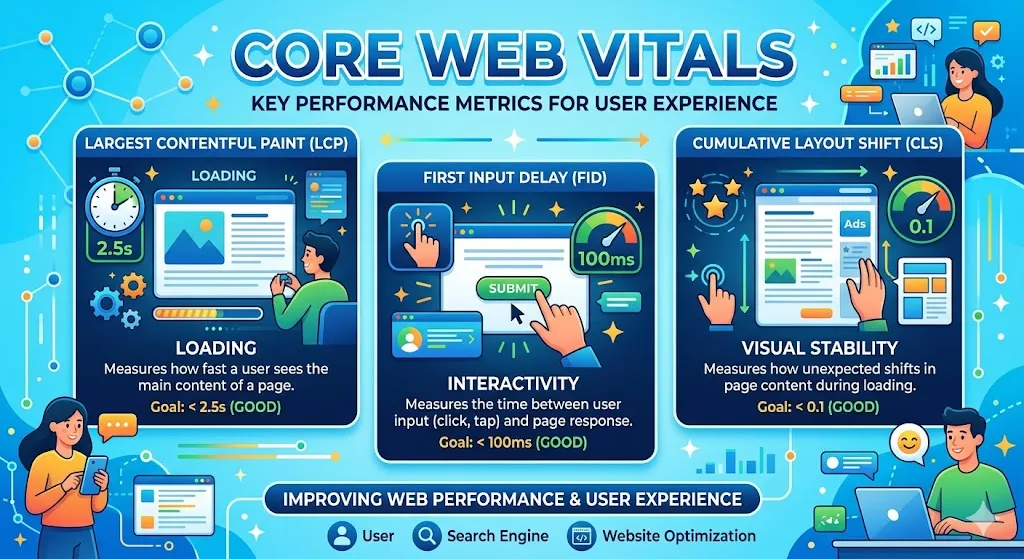 An infographic illustrating Google's Core Web Vitals for website optimization and SEO.