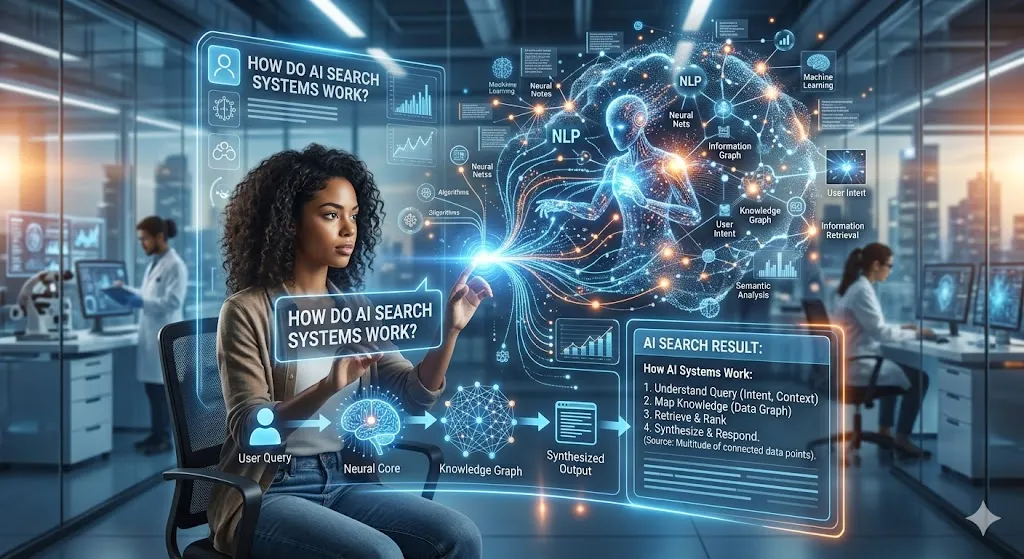 An infographic-style illustration depicting how AI search systems work, set in a futuristic laboratory or tech office.