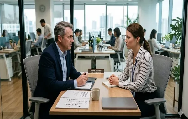A male manager in a blue blazer speaks seriously with a female employee in a striped shirt across a desk in a modern corporate office.