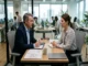 A male manager in a blue blazer speaks seriously with a female employee in a striped shirt across a desk in a modern corporate office.