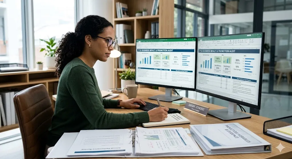 A female senior analyst sitting at an office desk, reviewing performance data across two large computer monitors and several open binders. She wears glasses and a green sweater, holding a pen to take notes while analyzing spreadsheets titled "Business Impact & Promotion Audit."