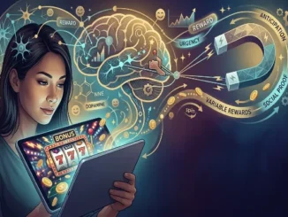 A conceptual illustration showing a woman using a tablet with a slot machine game, with a glowing brain diagram overhead connected to concepts like dopamine, variable rewards, and social proof.