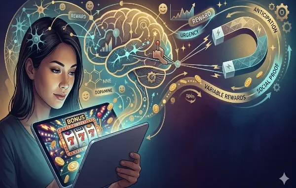 A conceptual illustration showing a woman using a tablet with a slot machine game, with a glowing brain diagram overhead connected to concepts like dopamine, variable rewards, and social proof.