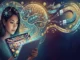 A conceptual illustration showing a woman using a tablet with a slot machine game, with a glowing brain diagram overhead connected to concepts like dopamine, variable rewards, and social proof.