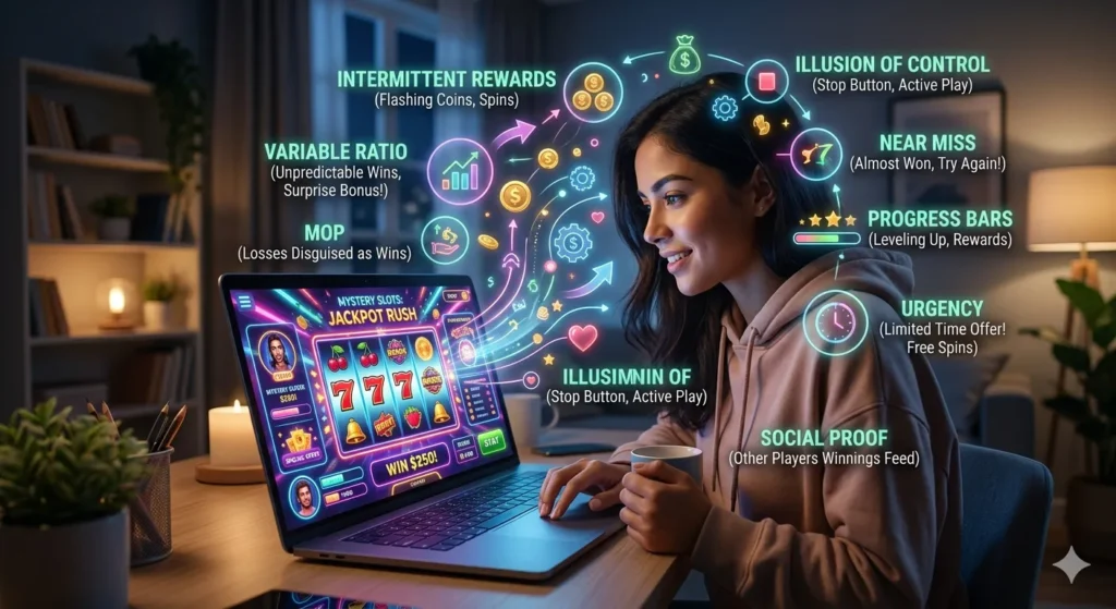 A digital illustration of a woman playing an online slot game on a laptop, with glowing icons and text labels highlighting psychological triggers like Intermittent Rewards, Near Miss, and Illusion of Control.