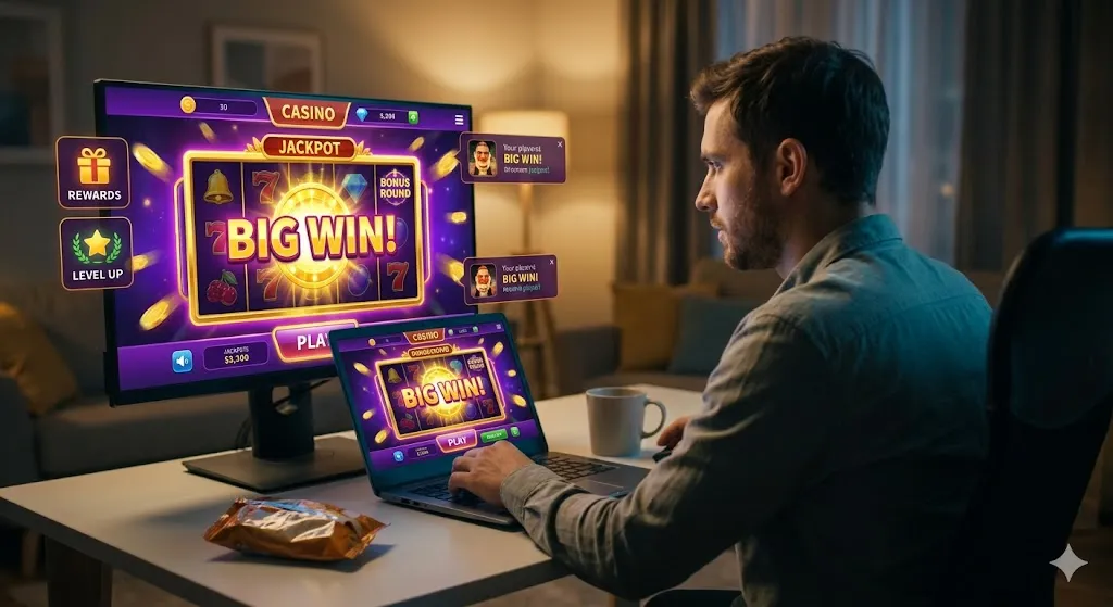 A man sitting at a desk at night, focused on a laptop and large monitor both displaying a "Big Win" notification from an online slot machine game with bright purple and gold graphics.