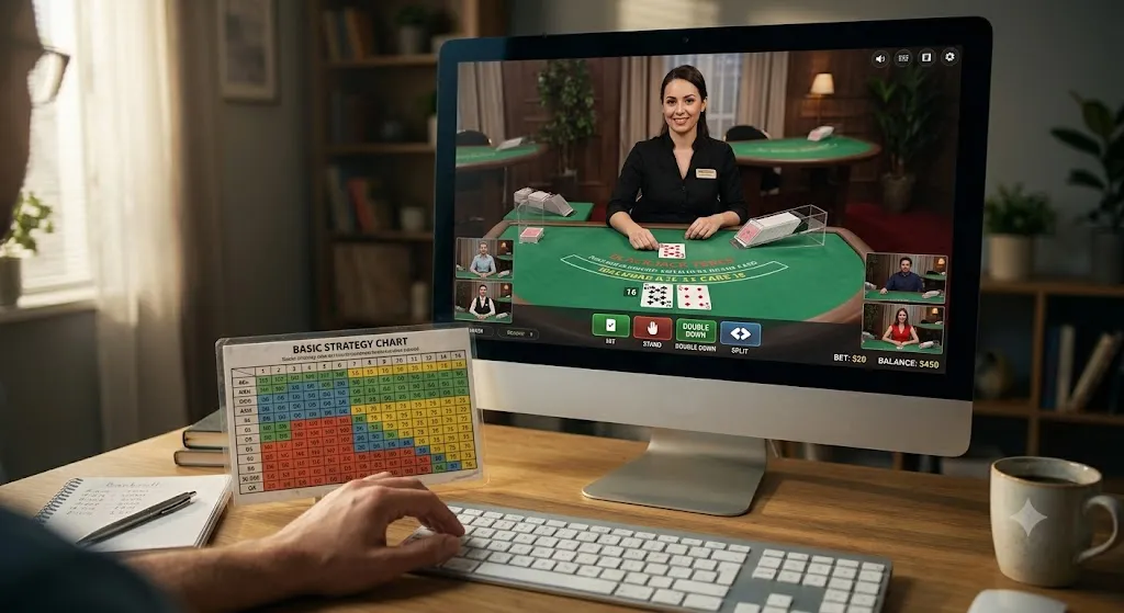 A first-person view of a player at a wooden desk with an online live dealer blackjack game on a monitor. A laminated basic strategy chart sits next to the keyboard for reference.