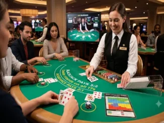 A professional live blackjack dealer in a vest smiles while dealing cards on a green felt table, where a player has a printed basic strategy chart laid out next to their chips.