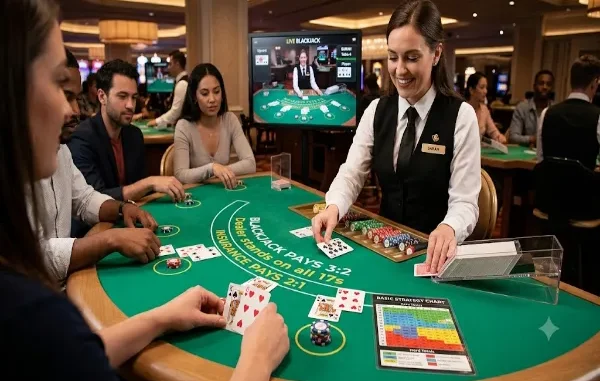A professional live blackjack dealer in a vest smiles while dealing cards on a green felt table, where a player has a printed basic strategy chart laid out next to their chips.