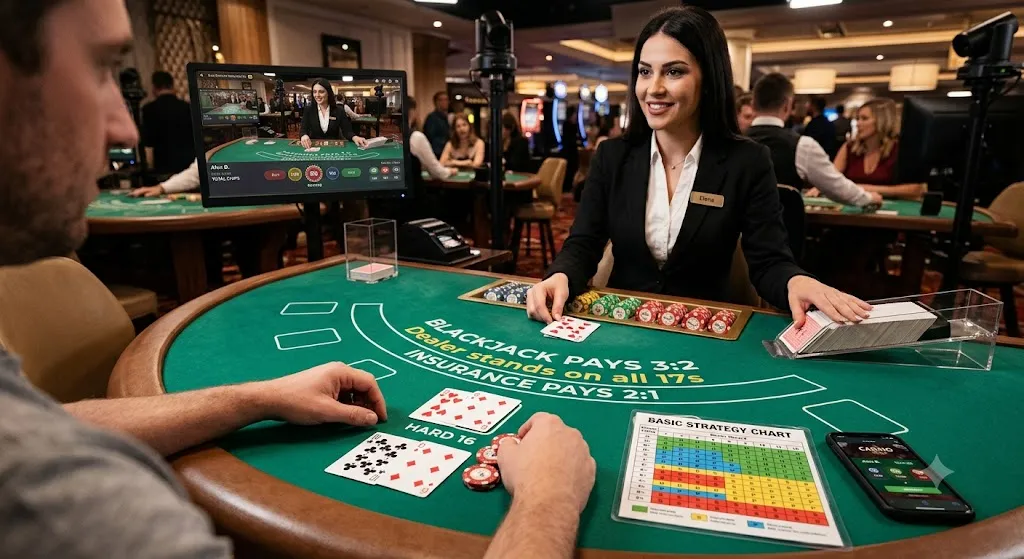 A photo from a player's perspective at a live dealer blackjack table. A smiling female dealer handles cards while the player has a physical basic strategy chart and a smartphone displaying an online interface on the felt.