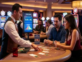 A male dealer at a blackjack table is pointing to cards. He is explaining the 0.5% - 2% house edge to a couple seated at the table. A transparent sign behind him displays text about the concept.