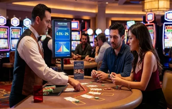A male dealer at a blackjack table is pointing to cards. He is explaining the 0.5% - 2% house edge to a couple seated at the table. A transparent sign behind him displays text about the concept.