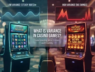 Side-by-side comparison of two slot machines in a casino showing low variance steady waves on the left and high variance jagged red peaks on the right.